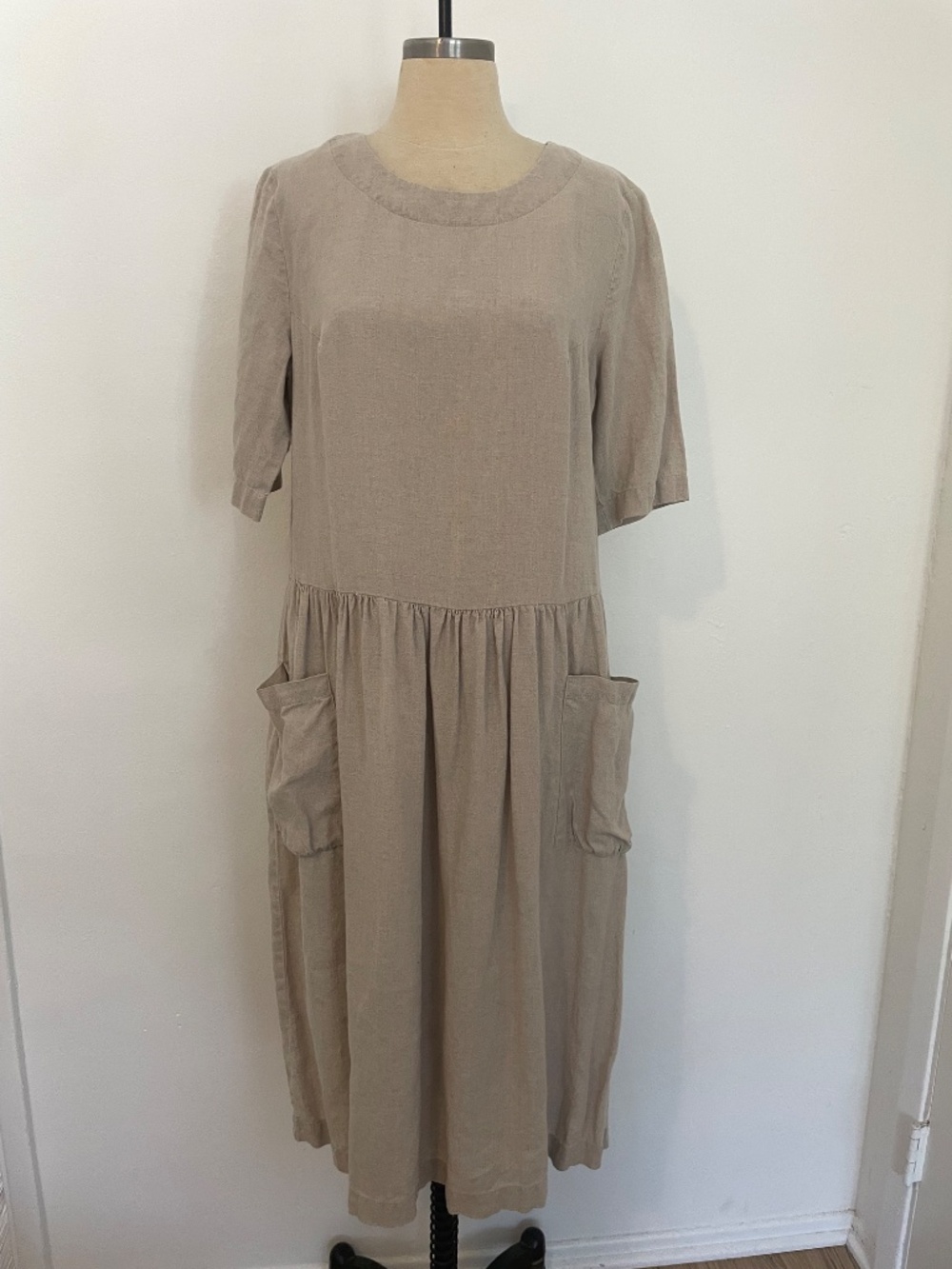 Linenbee Jane Loose Fit 100% Linen Midi Dress, Tan Beige, Lagenlook, Size S / M